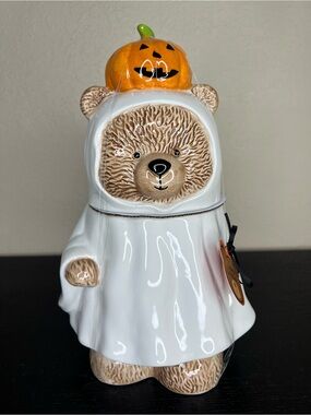 NEW Creepy Critter Halloween Ghost Bear w/ Pumpkin Ceramic Cookie Jar